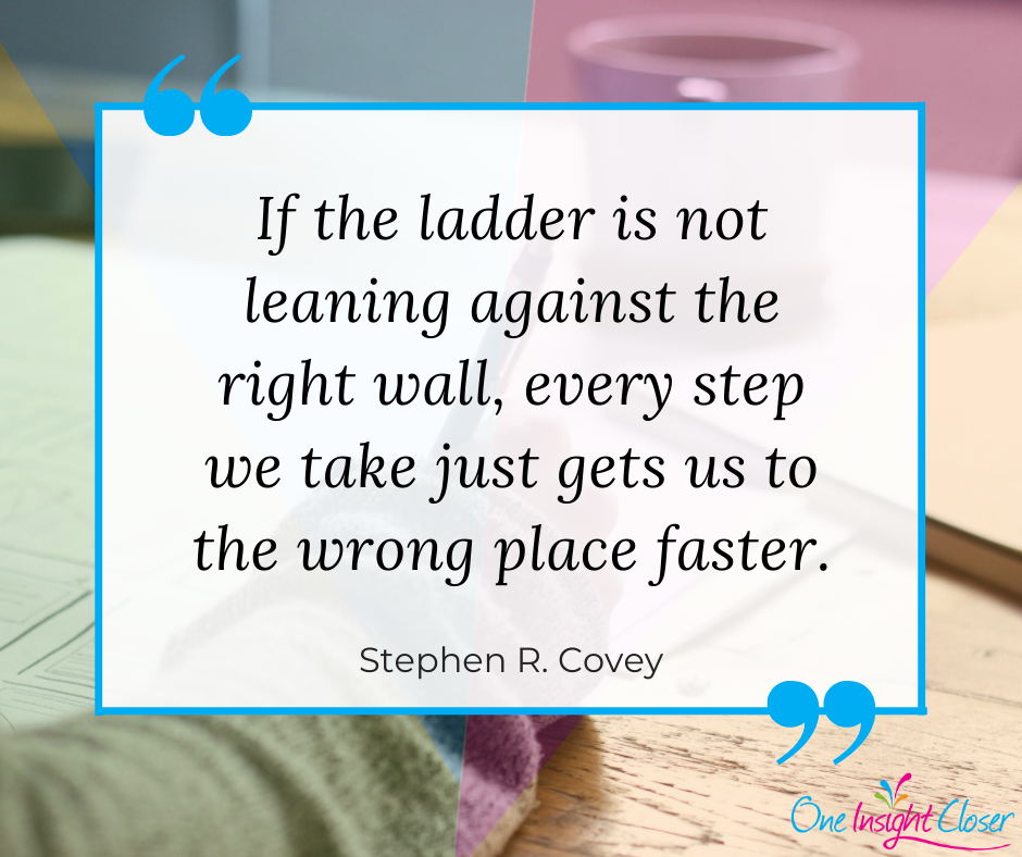 Quote image: "If the ladder is not leaning against the right wall, every step we take just gets us to the wrong place faster." - Stephen R. Covey