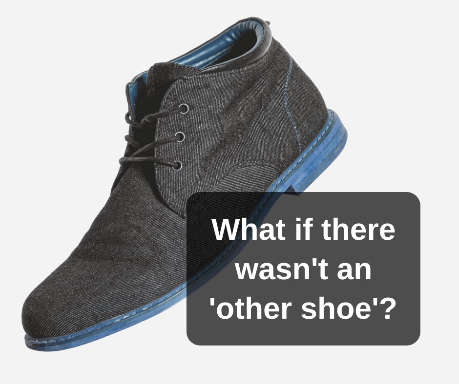 Image of a shoe with the text "What if there wasn't an 'other shoe'?"